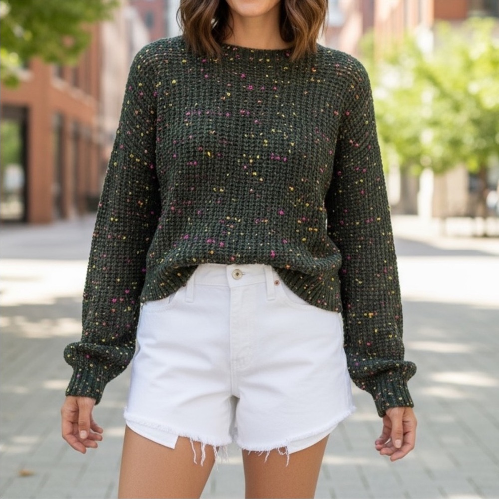 Zara Green Chenille Sweater With Red/Yellow Detail Large